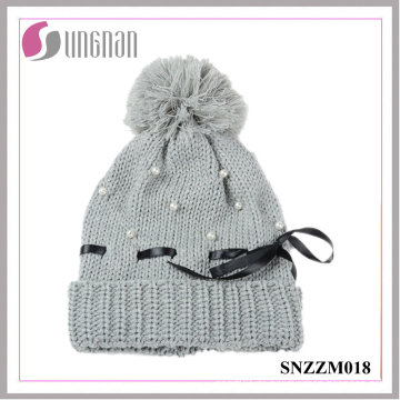 2015 neueste warme Frauen Pearl Bow Strickmütze Fell Ball Wollmütze